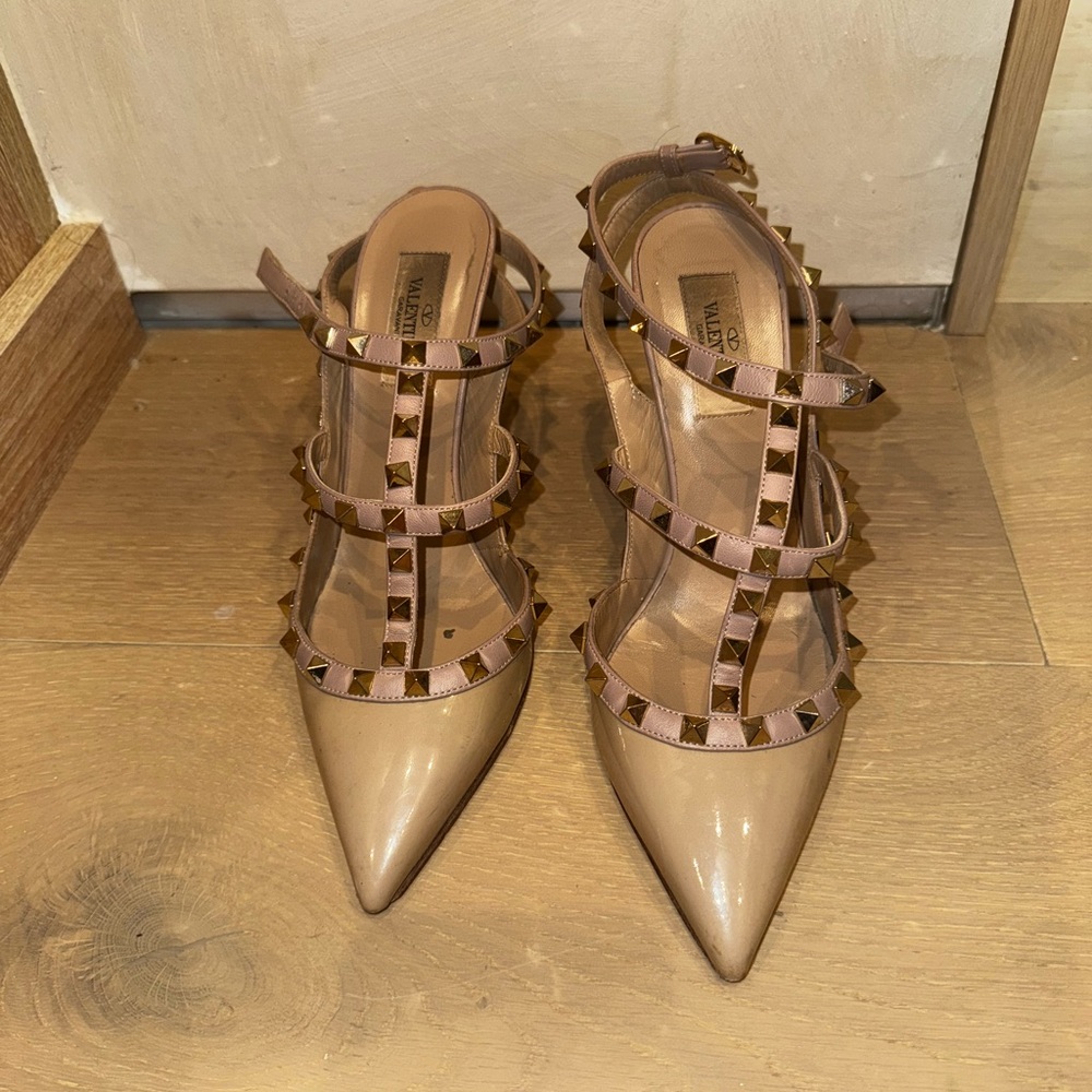 Valentino Tan Studded Heels with Pointed Toe